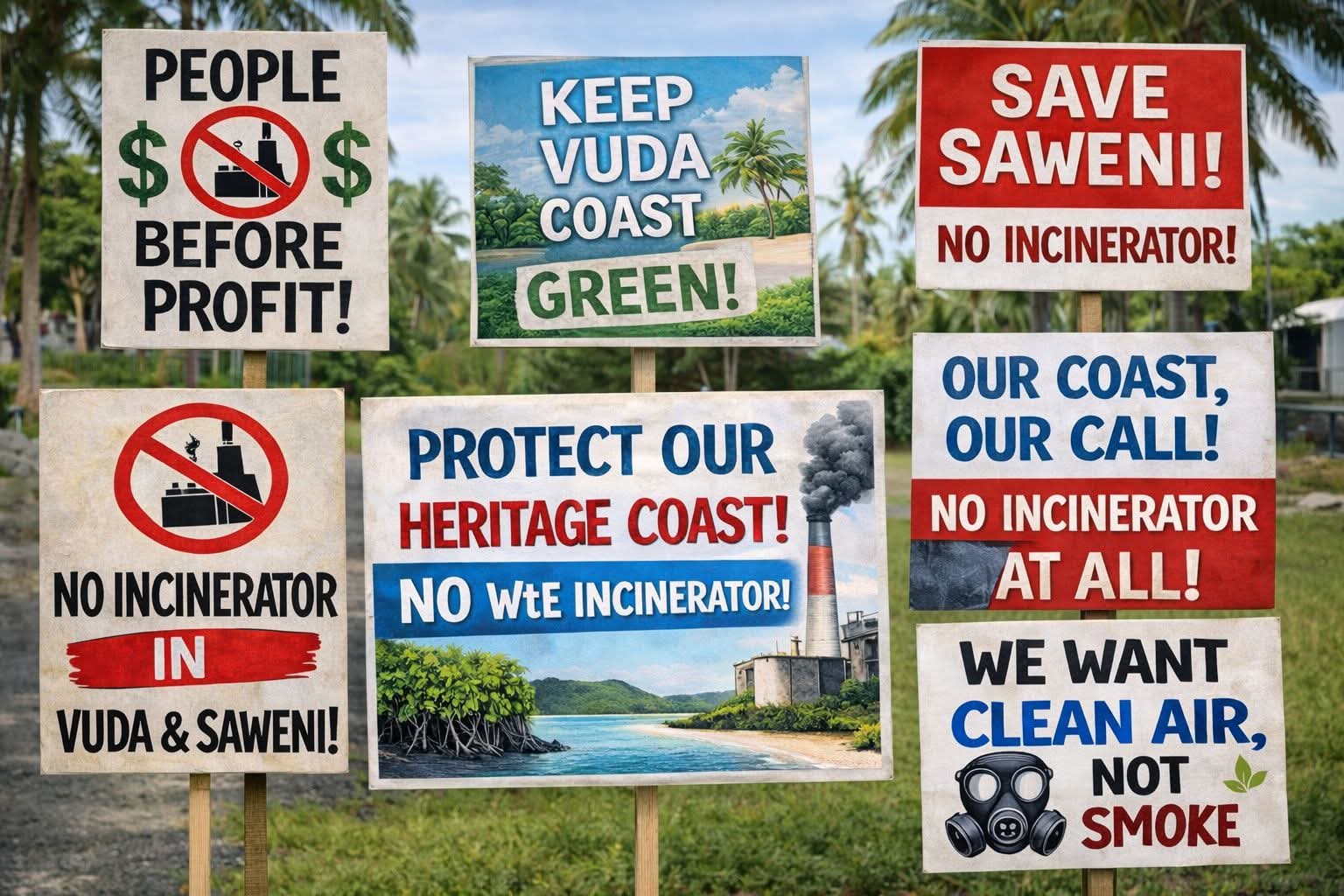Community protest signs at Vuda and Saweni opposing the incinerator