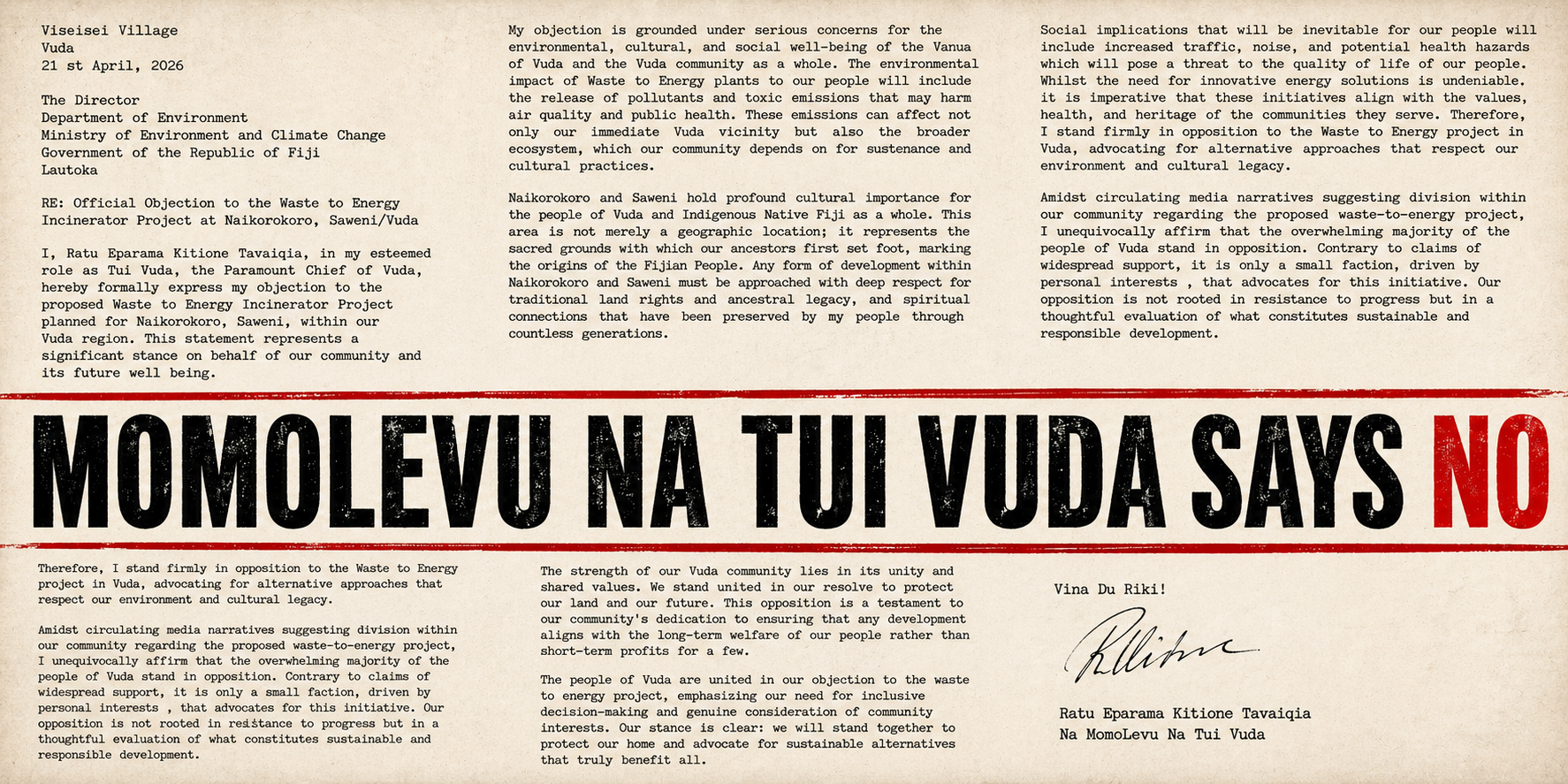 Official letter of objection from Ratu Eparama Kitione Tavaiqia, Na MomoLevu Na Tui Vuda, Paramount Chief of Vuda — MOMOLEVU NA TUI VUDA SAYS NO